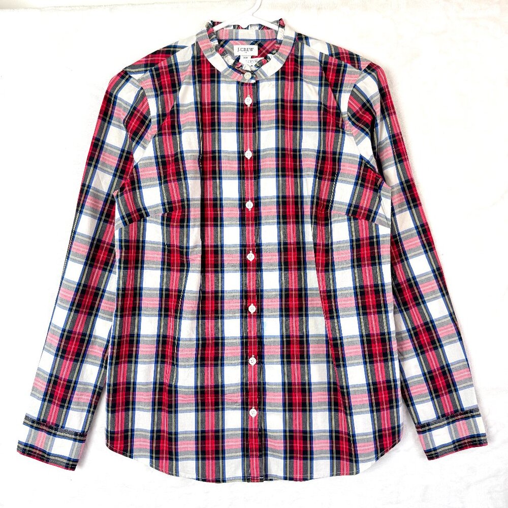 J CREW Factory Ruffle Tartan Plaid Button Up Long Sleeve Shirt Womens XS NEW